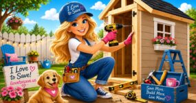 DIY shed building in sunny garden
